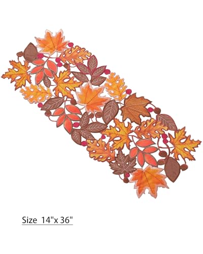 Autumn Fall Table Runner 36 Inch Embroidered Maple Leaf Thanksgiving Decor