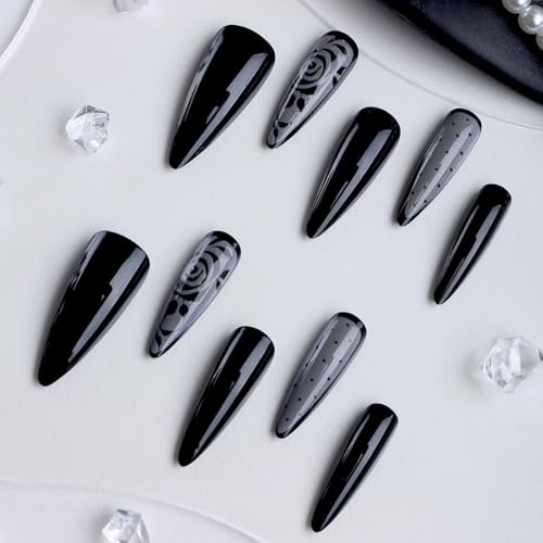 Press On Nails Long Black Embossed Flower Design - Variation Black 01, 24 Pcs