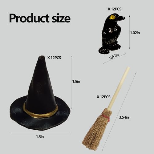 Mini Witch Hat & Broom Set with Resin Crows for Halloween Decor, Dollhouse & Crafts
