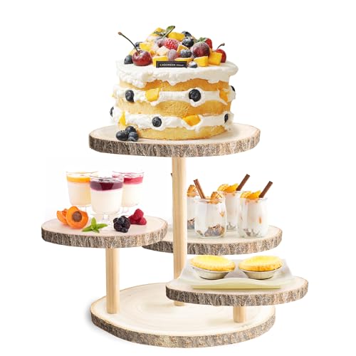 Wood 4-Tier Round Cake and Cupcake Stand Combo Rustic Wooden Dessert Display for Parties