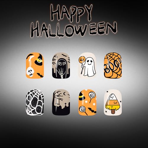 Halloween Press On Nails Short Square Fake Nails with Pumpkin Ghost Spider Web Design - Nails-261 - 24 Pcs