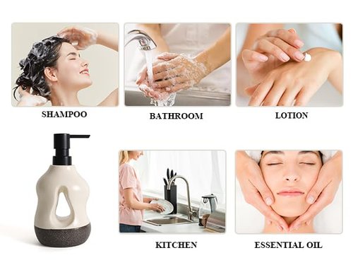 BosilunLife Ceramic Soap Dispenser - Soap Pump Dispenser Bathroom Kitchen Modern Farmhouse Elegant Refillable Soap Dispenser Lotion Hand Pump Dispenser for Kitchen Sink (Beige with Black Base, 15oz)