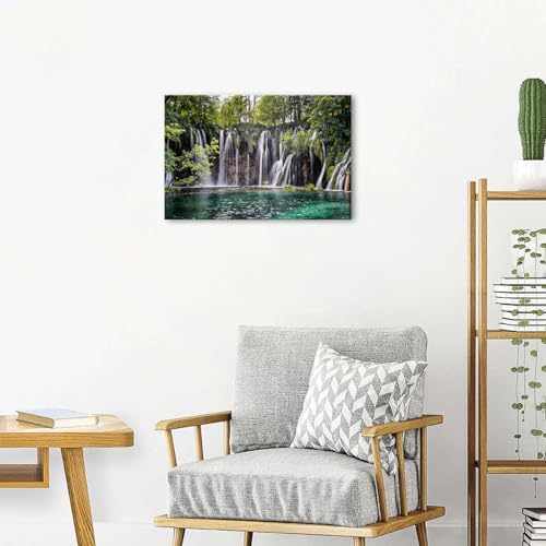 Waterfall Canvas Wall Art - Green Forest Landscape, 16x24 Inches - Living Room Decor