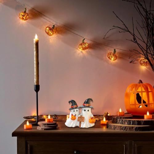 Halloween Cute Ghost Figurine with Pumpkin Candy Bucket - Black Hat Variation