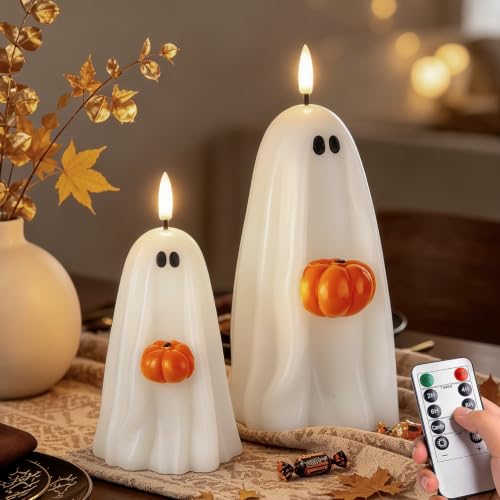 Halloween Ghost Flameless Candles with Remote Control - Real Wax, Timer, Safe Decor
