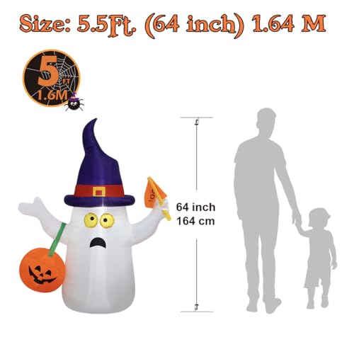 Halloween Inflatable Ghost with Pumpkin, Lights & Witch Hat - 5Ft Outdoor Yard Decor