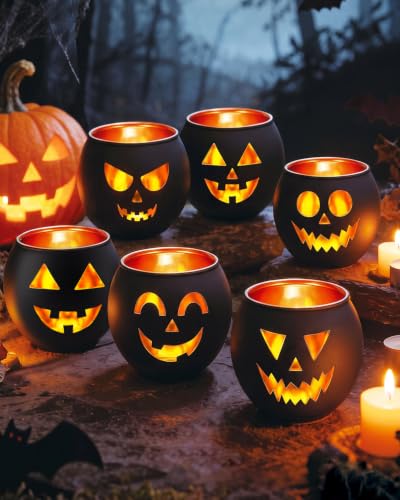 Halloween Glass Candle Holders 6 Pack - Spooky Tealight Votive Decor