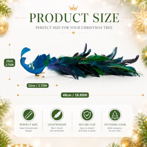 2 Pack Christmas Peacock Feather Ornaments with Glitter Clip-On Decor - Blue