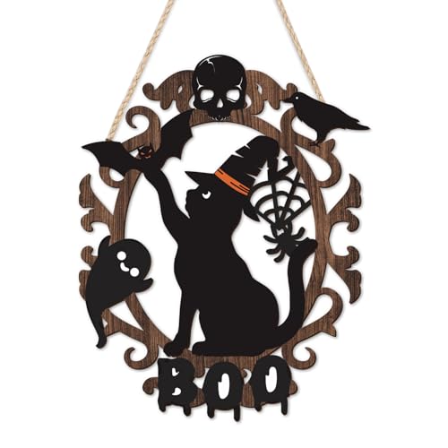 Halloween Black Cat Wooden Sign - Spooky Ghost & BOO Decor - 9x11 Inch Halloween Wall Hanging - Holiday Home Wreath & Porch Sign - Variation: Halloween