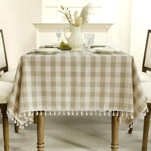 Romanstile Gingham Tassel Tablecloth Rectangle - Beige Plaid 55 x 120 Inch