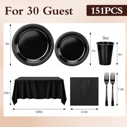 Black Disposable Plates for 30 Guests Party Supplies Set - Black
