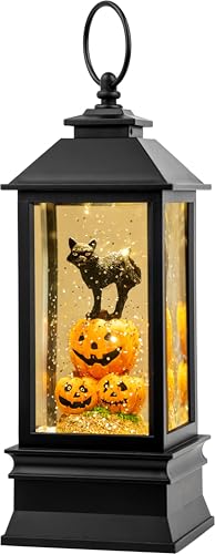 Halloween Snow Globe Lantern with Witch's Black Cat in Pumpkins - Spooky Music & Glitter, USB/Battery Operated - 10 Inch - Variation: Black Cat in Pumpkins
