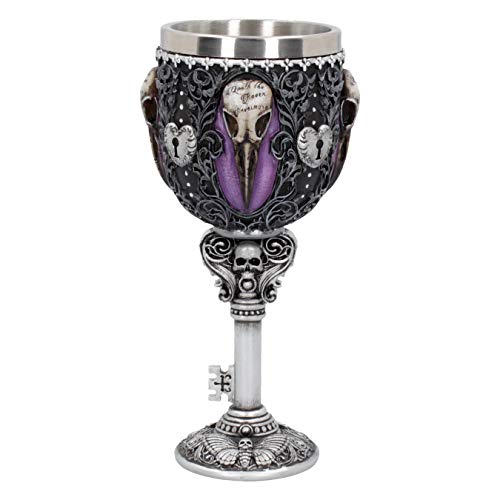 Gothic Raven Skull Goblet with Silver Key Stem and Removable Steel Insert - 18cm