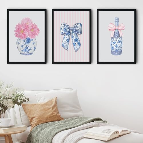 Black Framed Blue Pink White Flower Canvas Wall Art Set - 12x16 Inch, Chinoiserie Style
