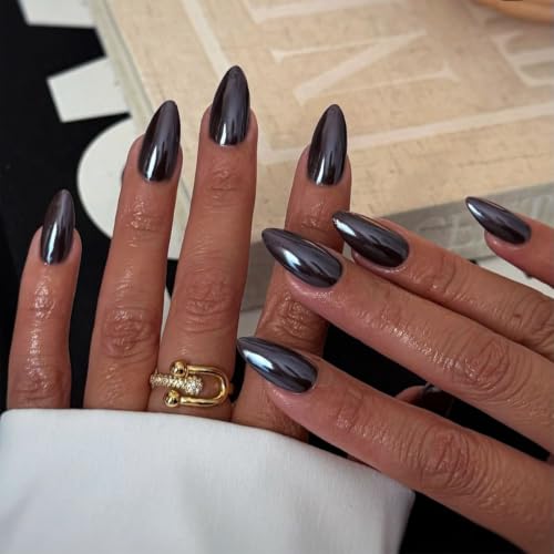 Chrome Almond Press On Nails - Medium Length Fake Nails with Glossy Black Finish & USPs