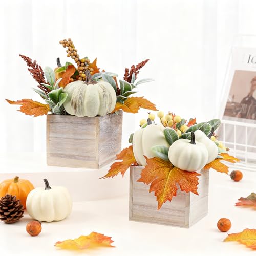 Autumn Fall Pumpkin Decor Set in Wooden Box - Harvest Thanksgiving Centerpieces