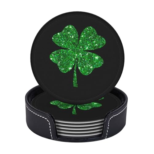 St. Patrick's Day Shamrock Coaster Set with Holder - 6 Green Leather Drink Coasters, 4 Inch, Cute Table Decor - One Size