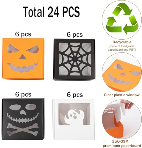 Halloween Treat Boxes Set - 24 Pack Pumpkin Ghost Skull Spider Window Bakery Boxes for Party Favors