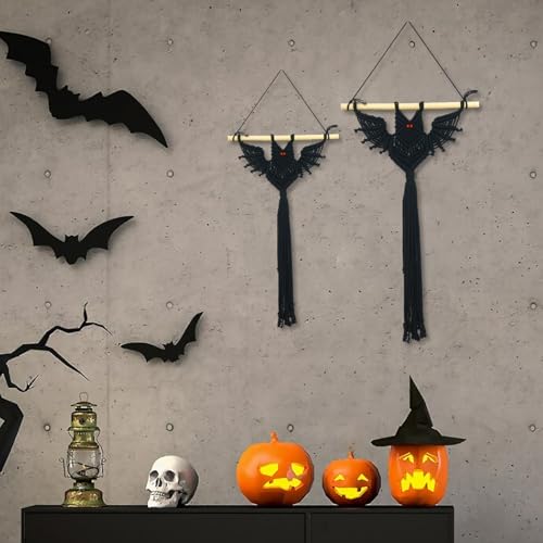 Halloween Black Macrame Bat Wall Hanging - Red Variation, Gothic Spooky Decor