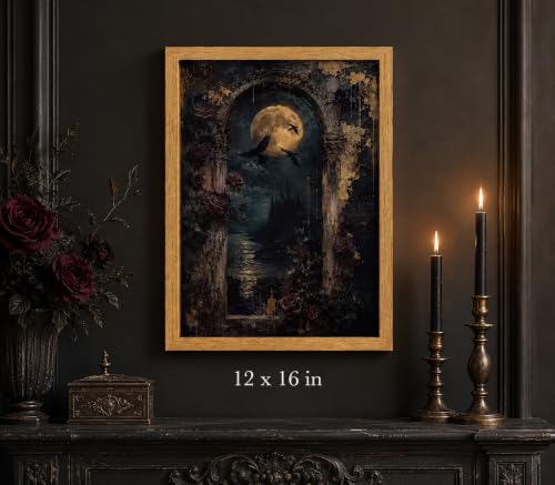 Dark Academia Moon Raven Gothic Canvas Wall Art - 16x12 Inches, Framed Night Scene for Bedroom or Gothic Home Decor