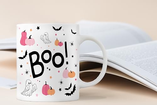 Pink Halloween Ghost Mug - 11oz Ceramic Coffee Tea Cup for Women & Girls - Variation White-7
