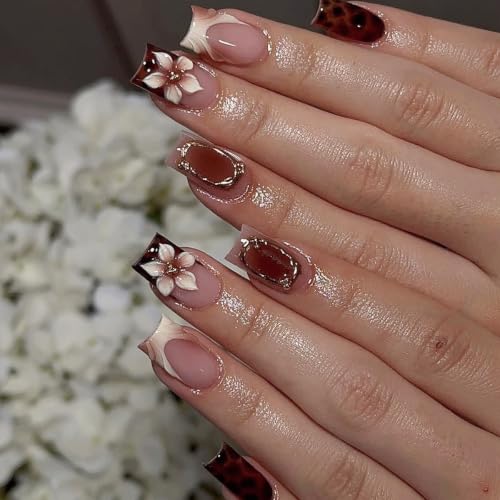 Fall Press on Nails Medium Square Fake Nails Brown Nails - Nails7-14