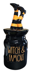 Halloween Canister with Witch & Leg Topper - Black Ceramic 10" Limited Edition