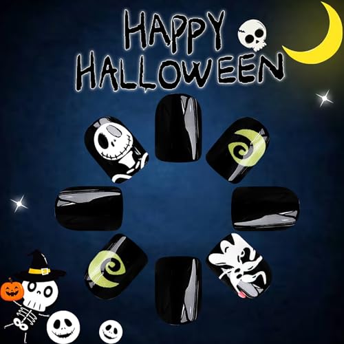 Halloween Press on Nails Short Square Black Fake Nails with Designs - Halloween Nails14