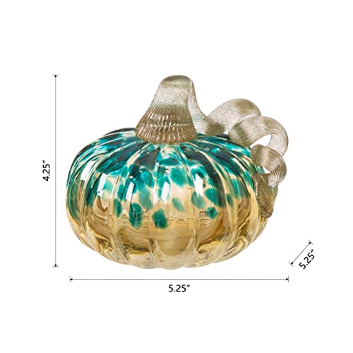 Hand Blown Glass Pumpkin Decor - 4.13 Inch Blue and Gold Glitter Fall Accent - Handmade Thanksgiving Table Centerpiece