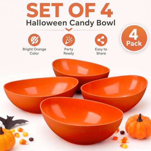 Set of 4 Halloween Orange Plastic Candy Serving Bowls - Trick or Treat