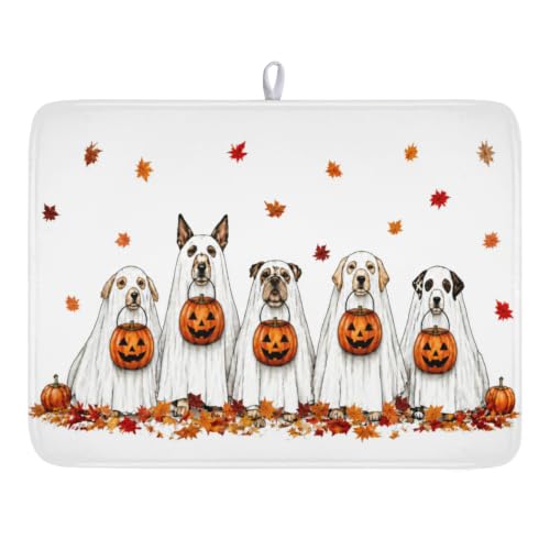 Halloween Ghost Dogs Pumpkin Dish Drying Mat - 18x24 Inch Microfiber Kitchen Counter Pad - Fall Leaves Design