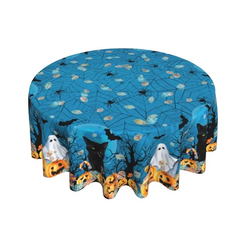 Halloween Round Tablecloth - Blue Spooky Ghost Pumpkins & Bats, 60 Inch, Non-Slip Wipeable Fabric - Variation: Blue / One Size