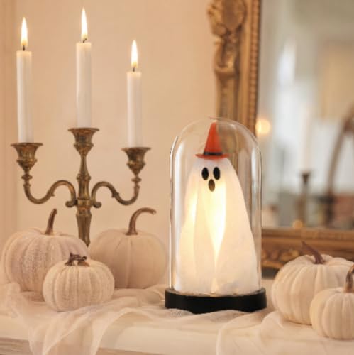 Light Up Ghost in Glass Cloche Halloween Decor - Yellow Hat Variant