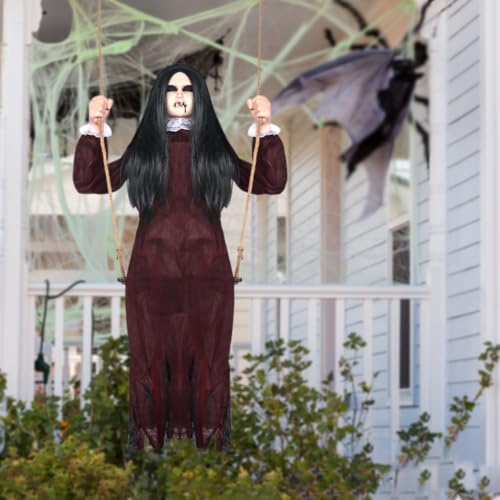 Halloween Hanging Swinging Ghost Decoration - Creepy Girl Prop, Outdoor & Indoor, Red Variation