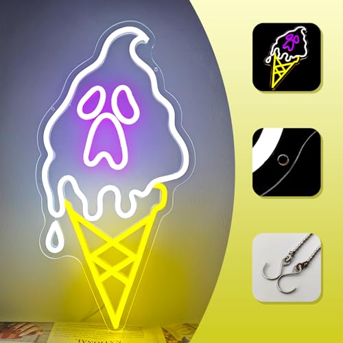 Halloween Neon Sign Dimmable Ghost Ice Cream Design Wall Decor - White-GhostIce