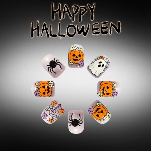 Halloween Press-On Nails Short Square with Ghost Spider Web Glitter - Light Purple 24 Pack