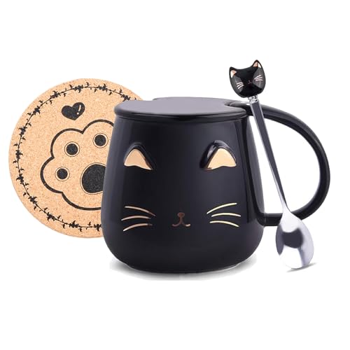 Black Ceramic Cat Mug with Stainless Steel Spoon - Cute Handmade Tea Cup for Girls Women