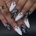 30Pcs Halloween Fake Almond Nails with 3D Ghost Designs - Black & White, Easy Glue-On Set
