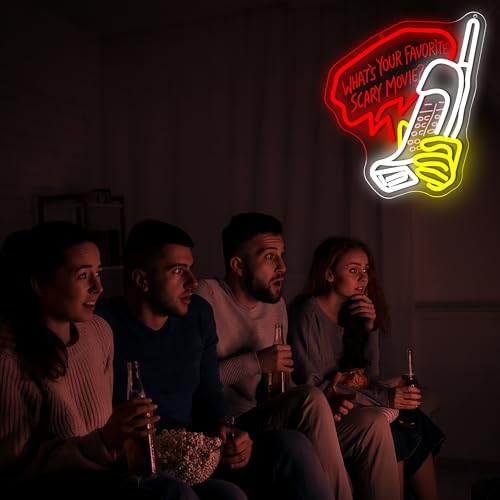 LED Neon Sign - What's Your Favorite Scary Movie? Wall Decor Dimmable Orange & White
