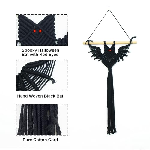 Halloween Black Macrame Bat Wall Hanging - Red Variation, Gothic Spooky Decor