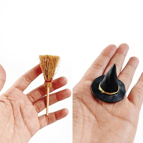 Mini Witch Hat and Broom Set for Halloween Decorations - 50 Pieces