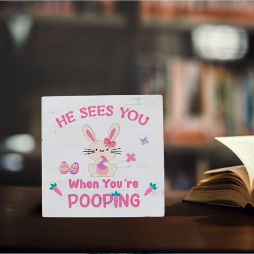 Pooping Bunny Wooden Sign - Easter Farmhouse Bathroom Decor, Rustic Wood Plaque - Pooping 3 Variant