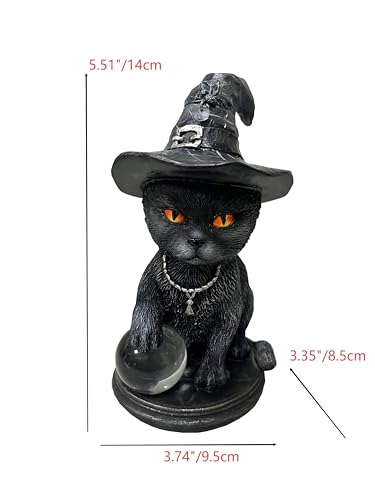 Gothic Black Cat Figurine Witch Cat with Glass Ball - Handcrafted Resin Decor