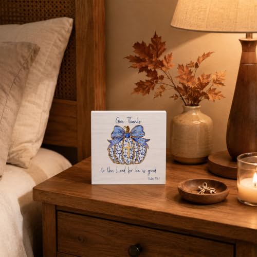 Chinoiserie Fall Wooden Box Sign Desk Decor - Blue Bow - 5x5 Inch