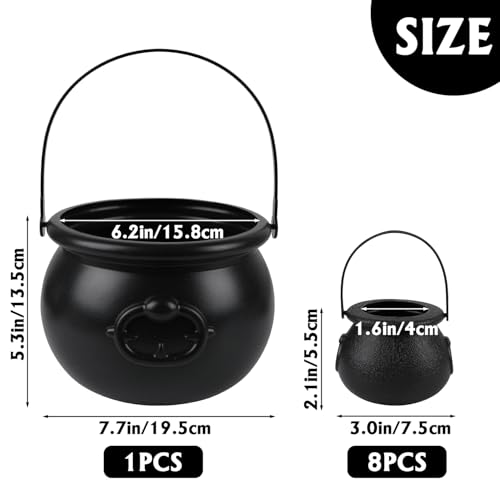 Assorted Size Black Candy Cauldron Set - 8 Mini & 1 Large Halloween Buckets with Handles