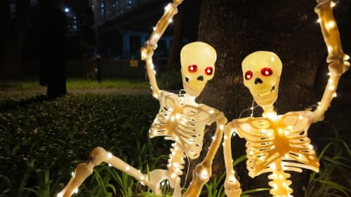 Halloween Lighted Skeleton Decoration with White LED Light and Red Eyes - 2PCS
