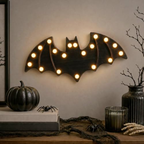 FestalMart Wooden Bat Light Up Halloween Decor - Black, Tabletop & Wall
