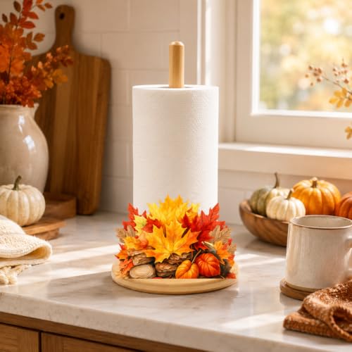 Rustic Bamboo Paper Towel Holder with 11 Seasonal Holiday Signs - Kitchen Decor