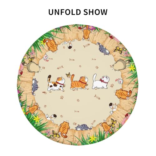 Cat Round Tablecloth 70 Inch Waterproof Rustic Fishbone Paw Floral Farmhouse Decor