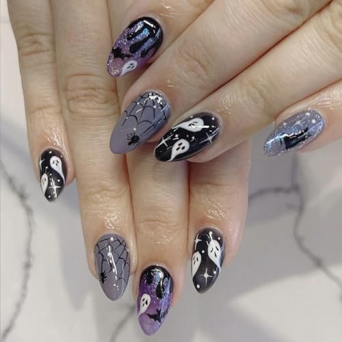 Gothic Bat Press On Nails - Halloween Fake Nails with Purple Glitter - Short Acrylic False Nails for Women - Variation: Gothic Bat 5